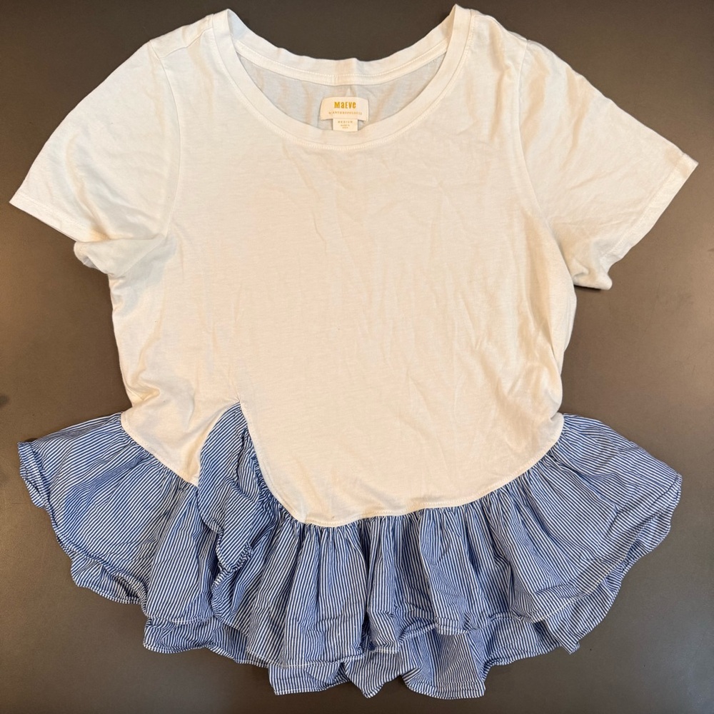 Anthropologie Maeve White and Blue Ruffle Tee - Size Medium
